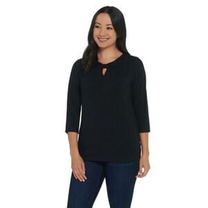 Denim & Co. Jersey keyhole neck 3/4 sleeve Top Black Size S New A343136